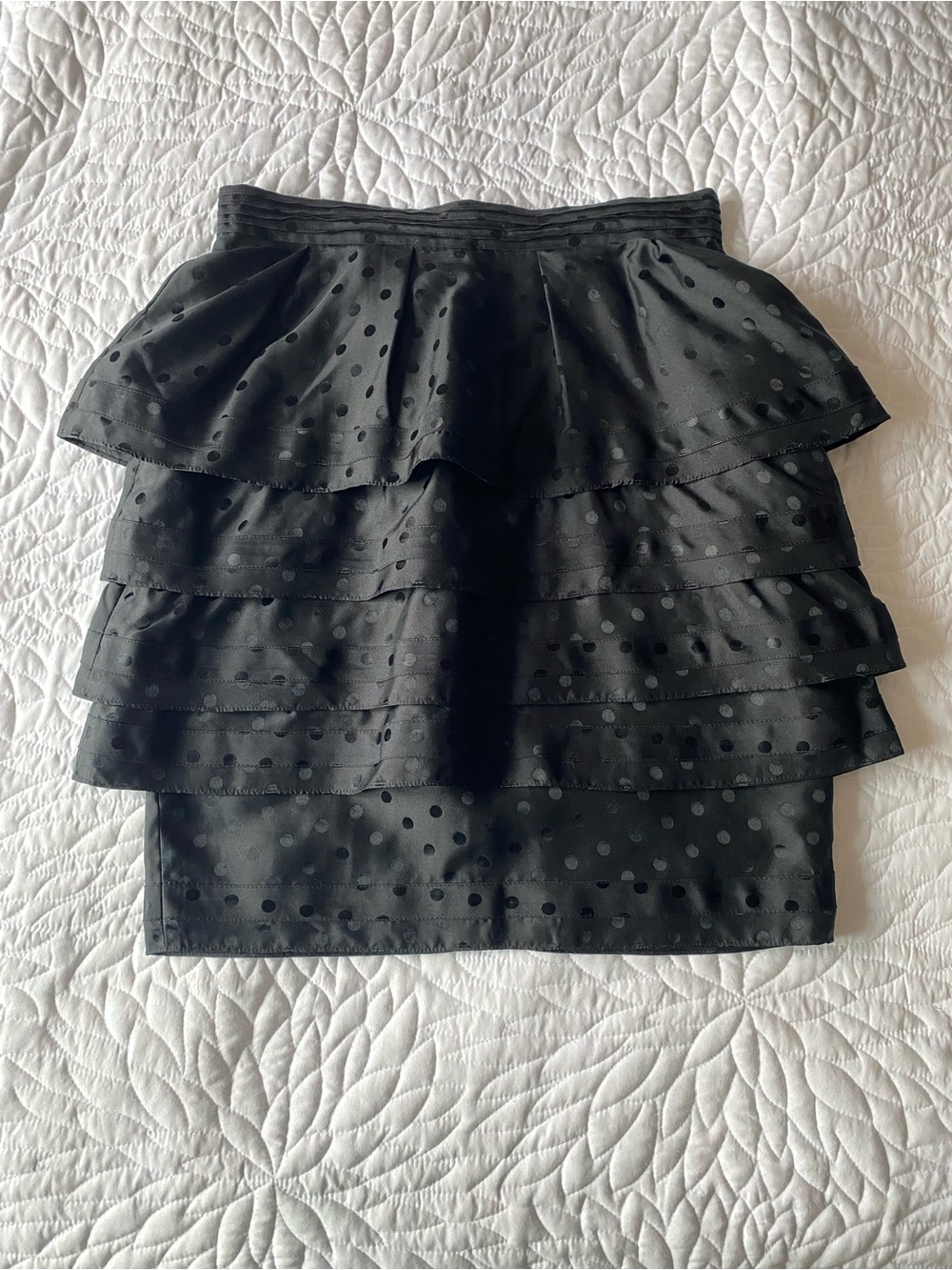 100% Silk Club Monaco Black Tiered Ruffle Polka Dot Mini Skirt